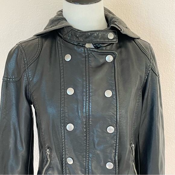 We The Free Dawn Black Vegan Leather Moto Jacket Double Breasted with Hood XS - Picture 3 of 16